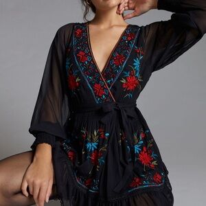 Anthropologie Embroidered Wrap Mini Dress